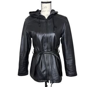 Wilsons Vintage Leather Black Hooded Belted Quilted Lined Zip Up Jacket Small